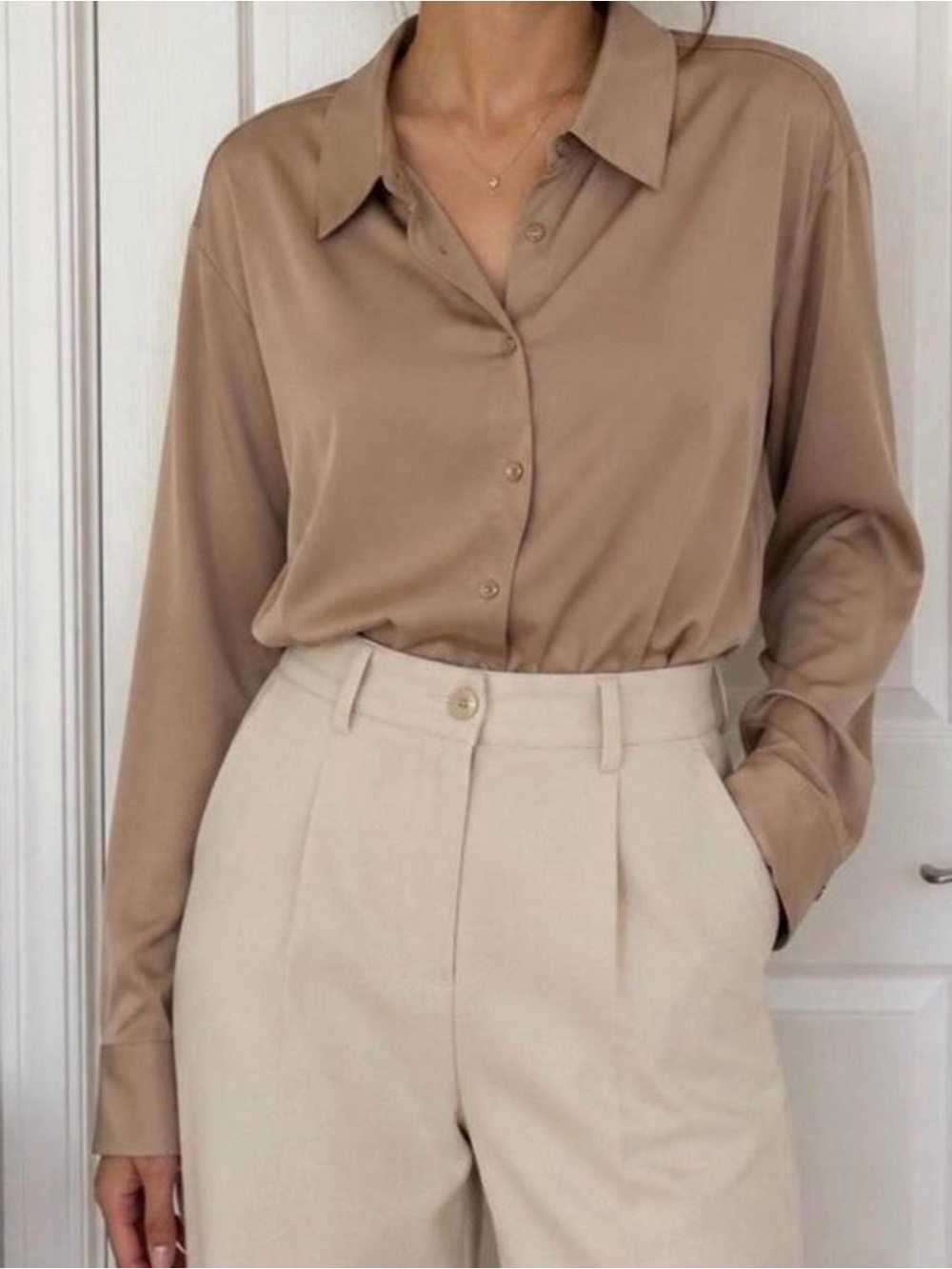 Fashion Nova Taupe Button-Down Satin Shirt